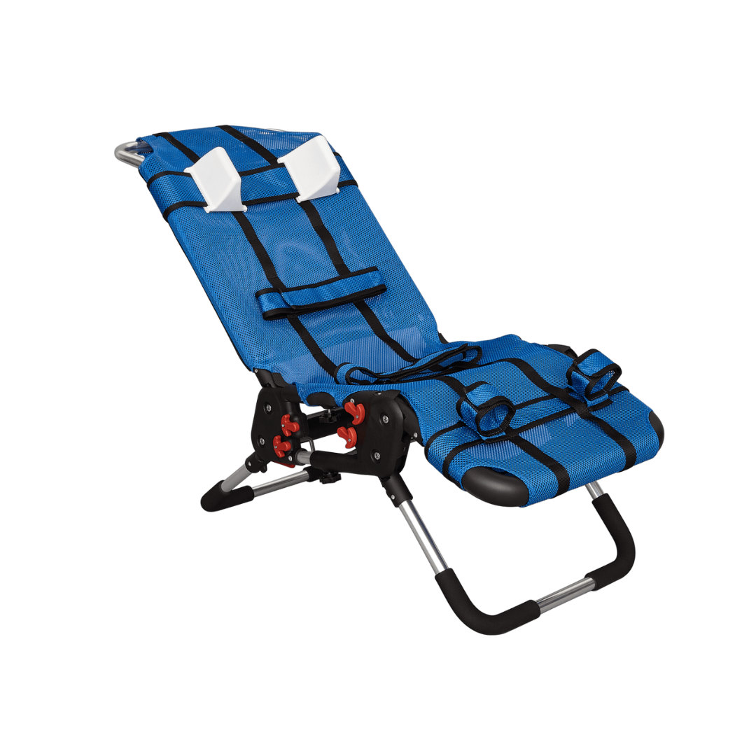 The Circle Specialty Pediatric Anchor Bath Chair is a blue adjustable chair with black straps, padded headrest, and adjustable support. Designed for children or individuals with special needs, it features a metal frame and offers a partially reclined position for comfort.